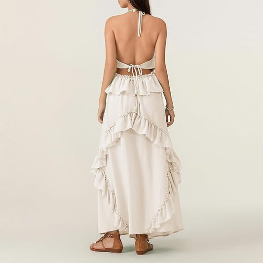 White Halter - neck Tiered Ruffle Maxi Dress