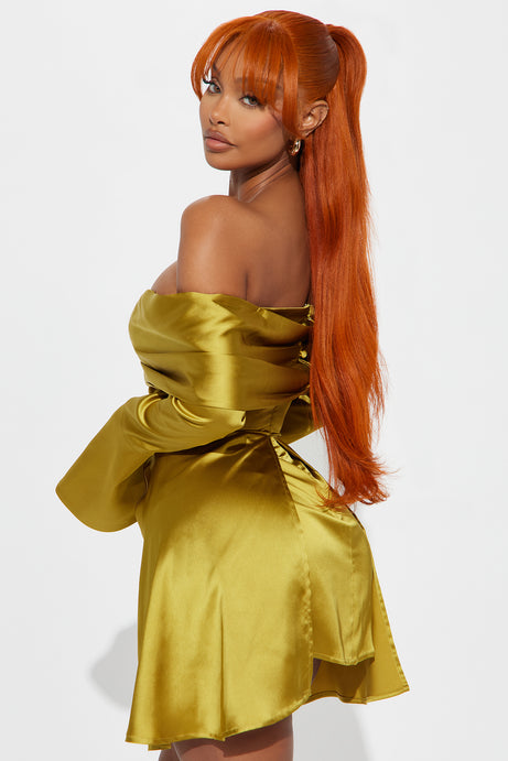 Olive Green Off - Shoulder Satin Mini Dress