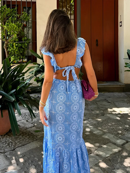 Blue Printed Ruffle - Sleeve Maxi Dress
