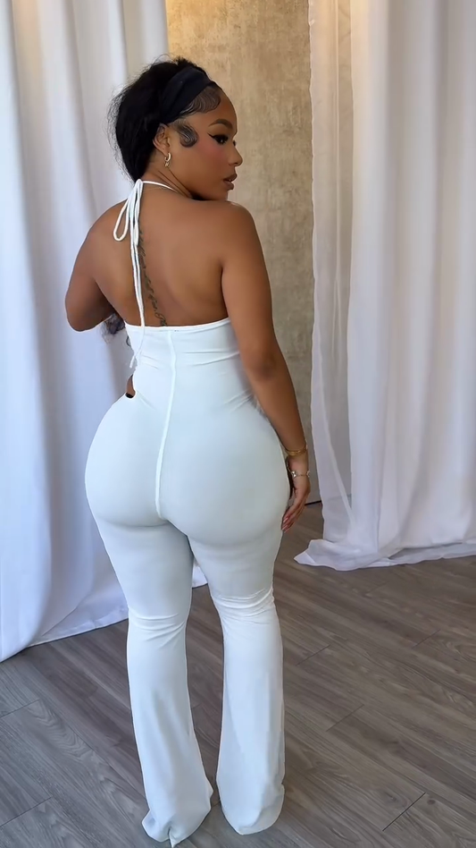 White Halter - neck Crop Top and Flared Pants Set