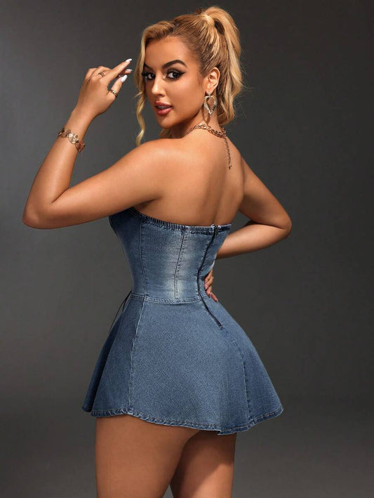 Denim Strapless Lace - Up Mini Dress