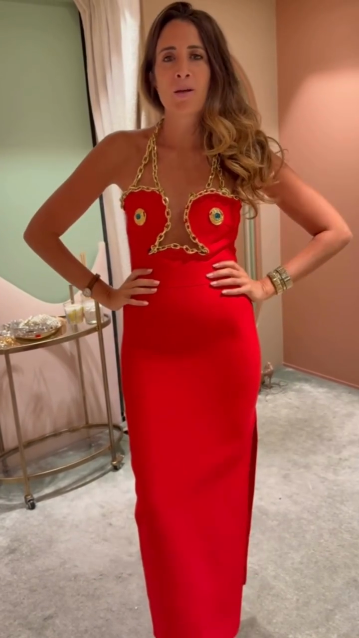 Embellished red halterneck maxi dress