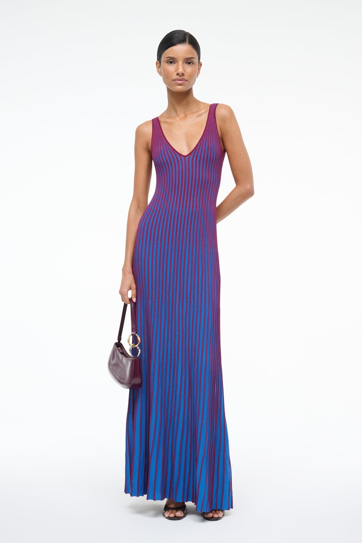 Blue and Red Striped Knit Maxi Dress
