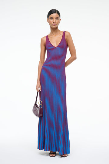 Blue and Red Striped Knit Maxi Dress