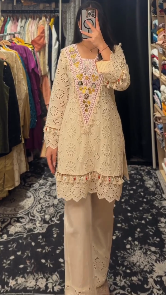 Cream - colored Embroidered Kurta and Pant Set
