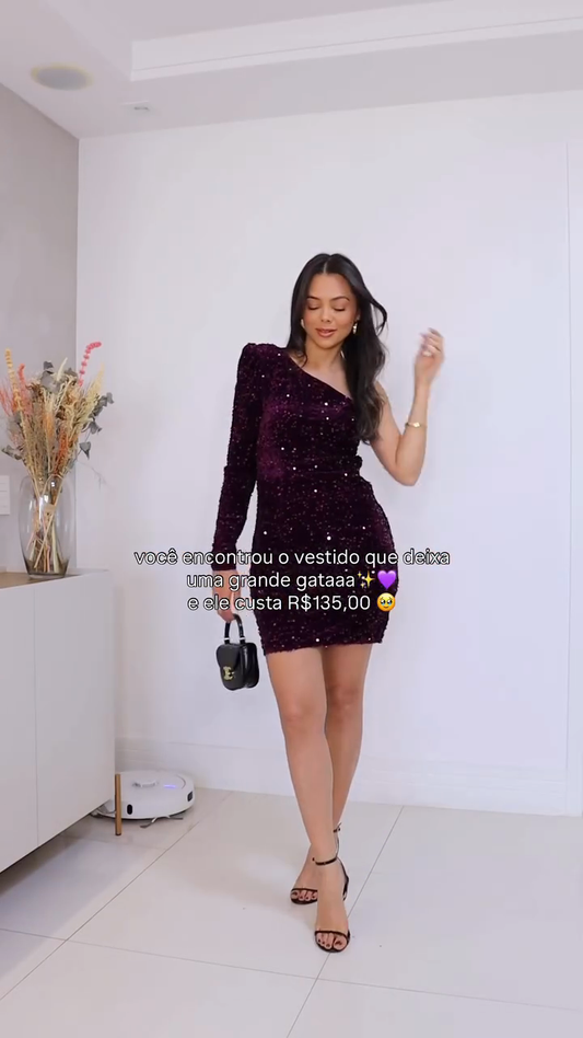 Purple Sequined One - Shoulder Mini Dress