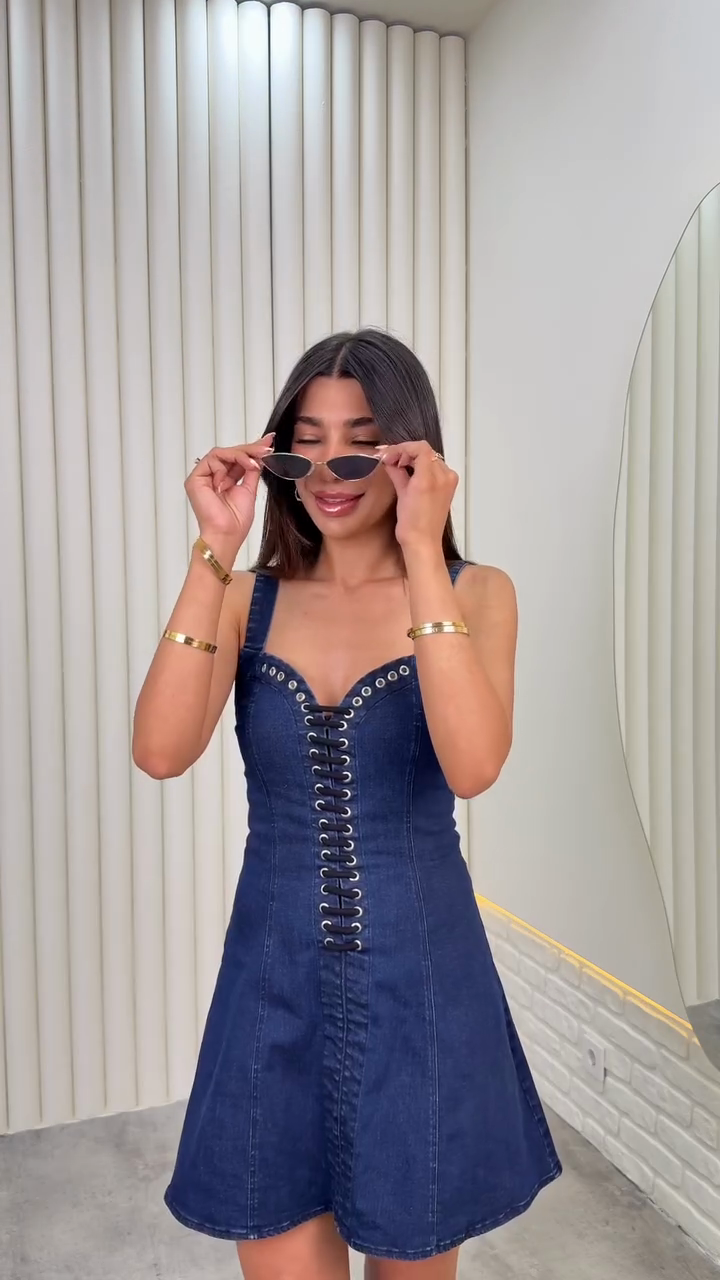 Dark Blue Denim Lace - up Mini Dress