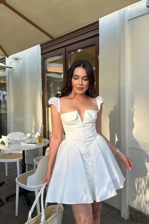 White Square - neck Mini Dress with Button - front Detail