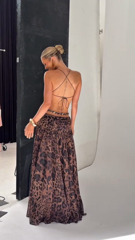 Gold embellished leopard print halter neck maxi dress