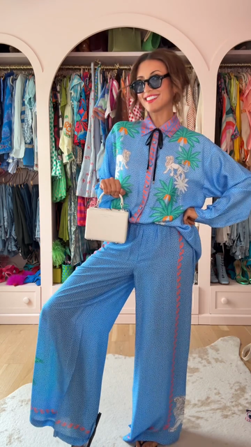 Blue Printed Shirt & Wide - Leg Pants Set