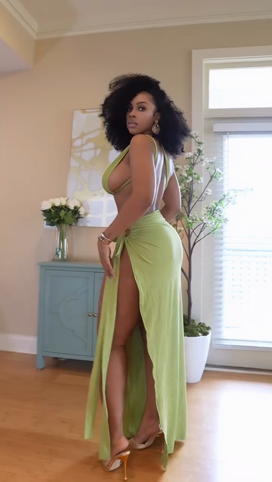 Green One Shoulder Cutout Top and Maxi Skirt Set