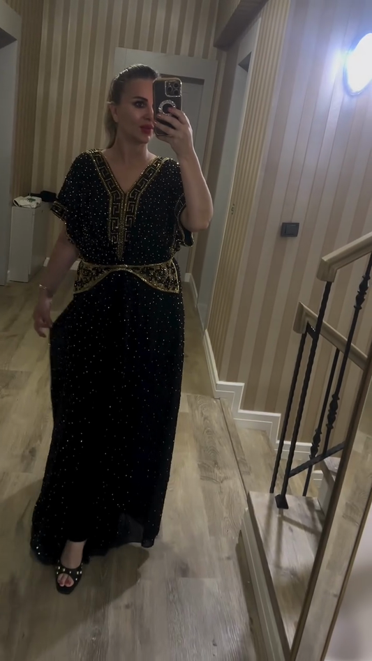 Black Embellished Maxi Dress with Gold Accents