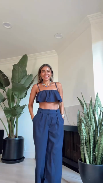 Navy Blue Ruffled Crop Top and Wide - Leg Pants Set