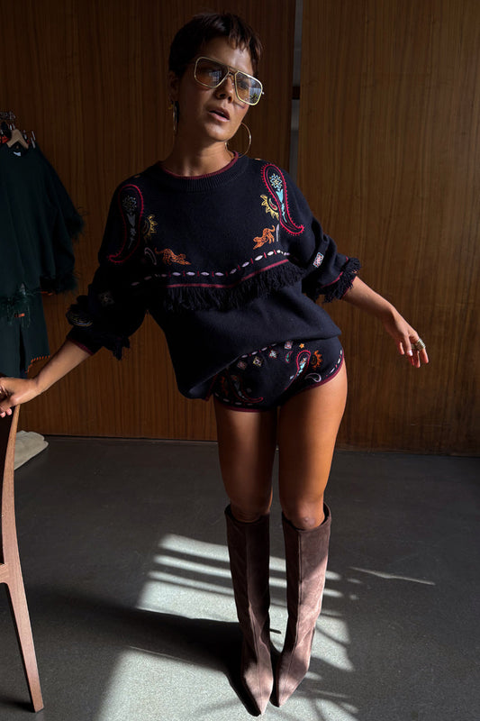 Embroidered Sweater and Shorts Set