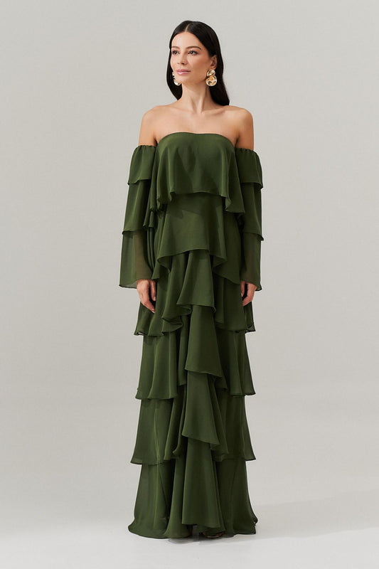 Off - Shoulder Tiered Chiffon Maxi Dress