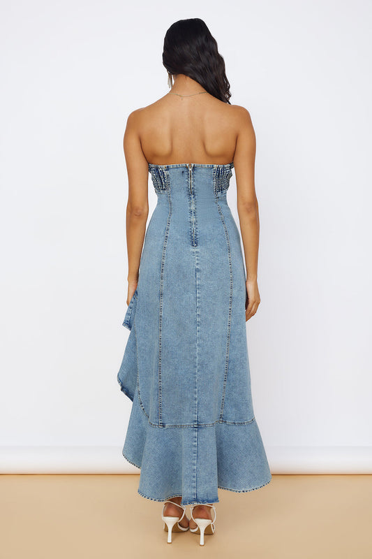 Light Blue Denim Strapless Midi Dress
