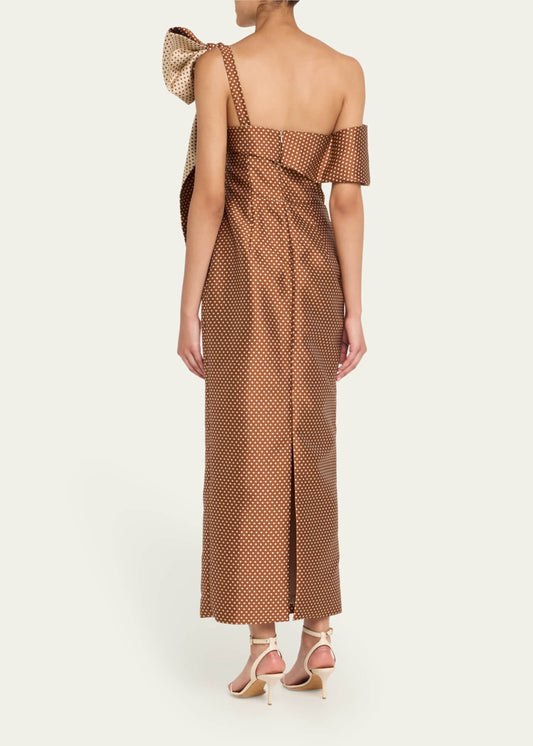 Brown Polka - Dot One - Shoulder Midi Dress with Bow Detail