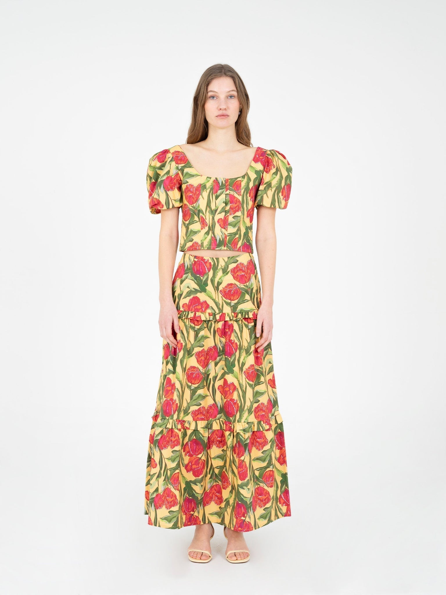 Floral Print Puff Sleeve Top & Maxi Skirt Set