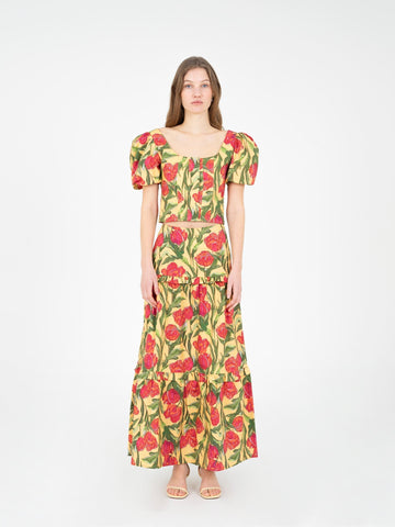 Floral Print Puff Sleeve Top & Maxi Skirt Set