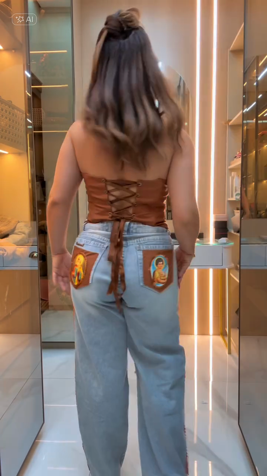 Brown Off-the-shoulder Corset Top Embroidered Denim Wide-leg Pants Set