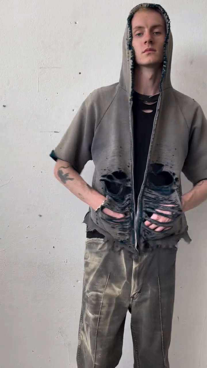 Distressed Grey Short - Sleeve Hooded Jacket