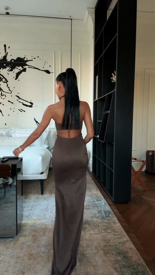 Brown Strapless Cut - Out Maxi Dress