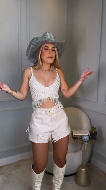 White Fringe - Embellished Crop Top and Shorts Set