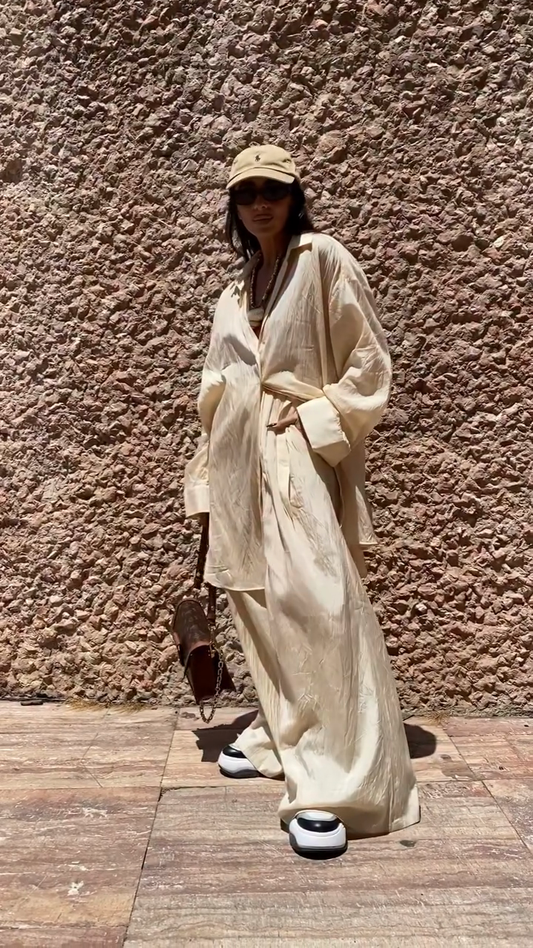 Beige Oversized Shirt and Wide Leg Pants Set