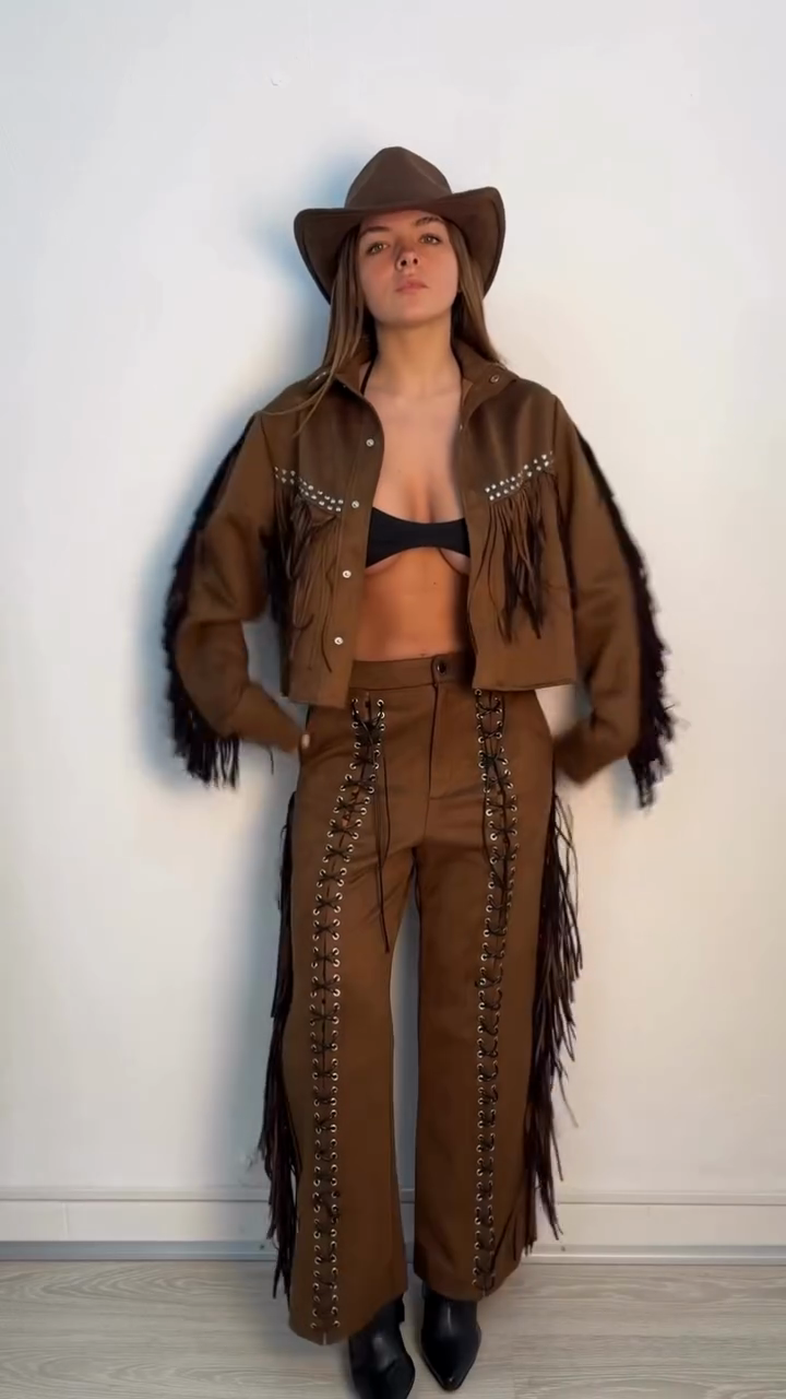 Brown Fringed Western Jacket and Lace - Up Pants Set
