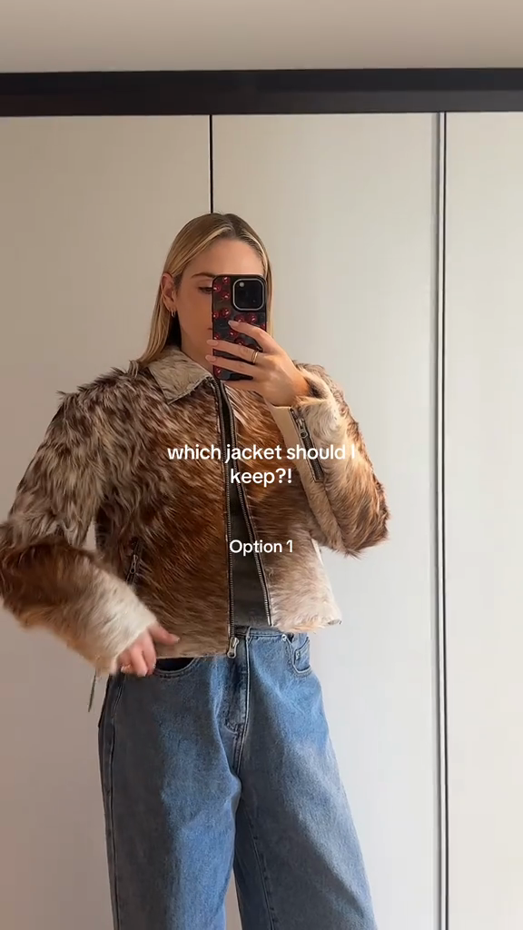 Brown and White Faux Fur Jacket