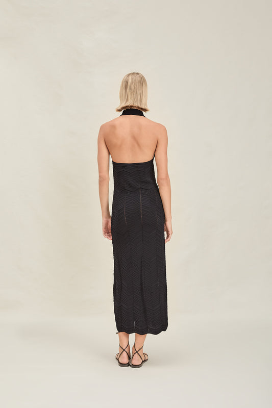 Black Halter Neck Button - Front Maxi Dress