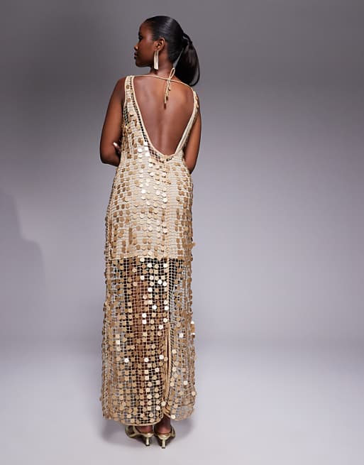 Gold Disc - Embellished Sheer Maxi Dress