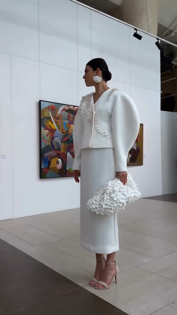 White Floral Embellished Puff Sleeve Jacket