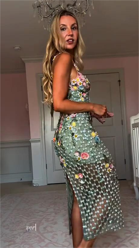 Green floral embroidered mesh midi dress