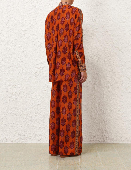Printed Long - Sleeve Shirt and Wide - Leg Pants Set