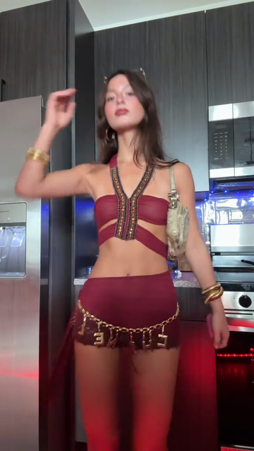 Burgundy Cut - Out Crop Top and Skirt Set with Chain Detail