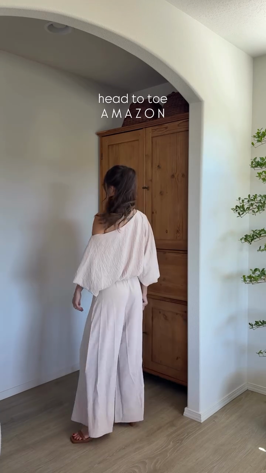 Blush Off - The - Shoulder Top and Wide - Leg Pants Set