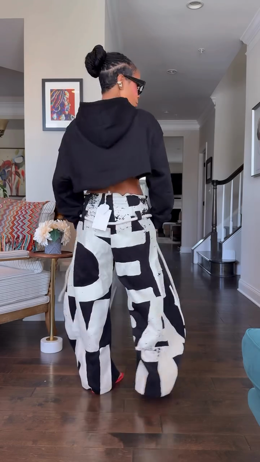 Black Cropped Hoodie and Graphic Wide - Leg Pants Set