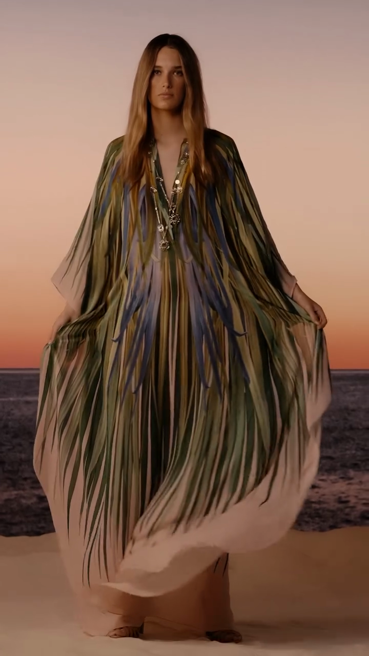 Palm Leaf Print Sheer Kaftan Maxi Dress