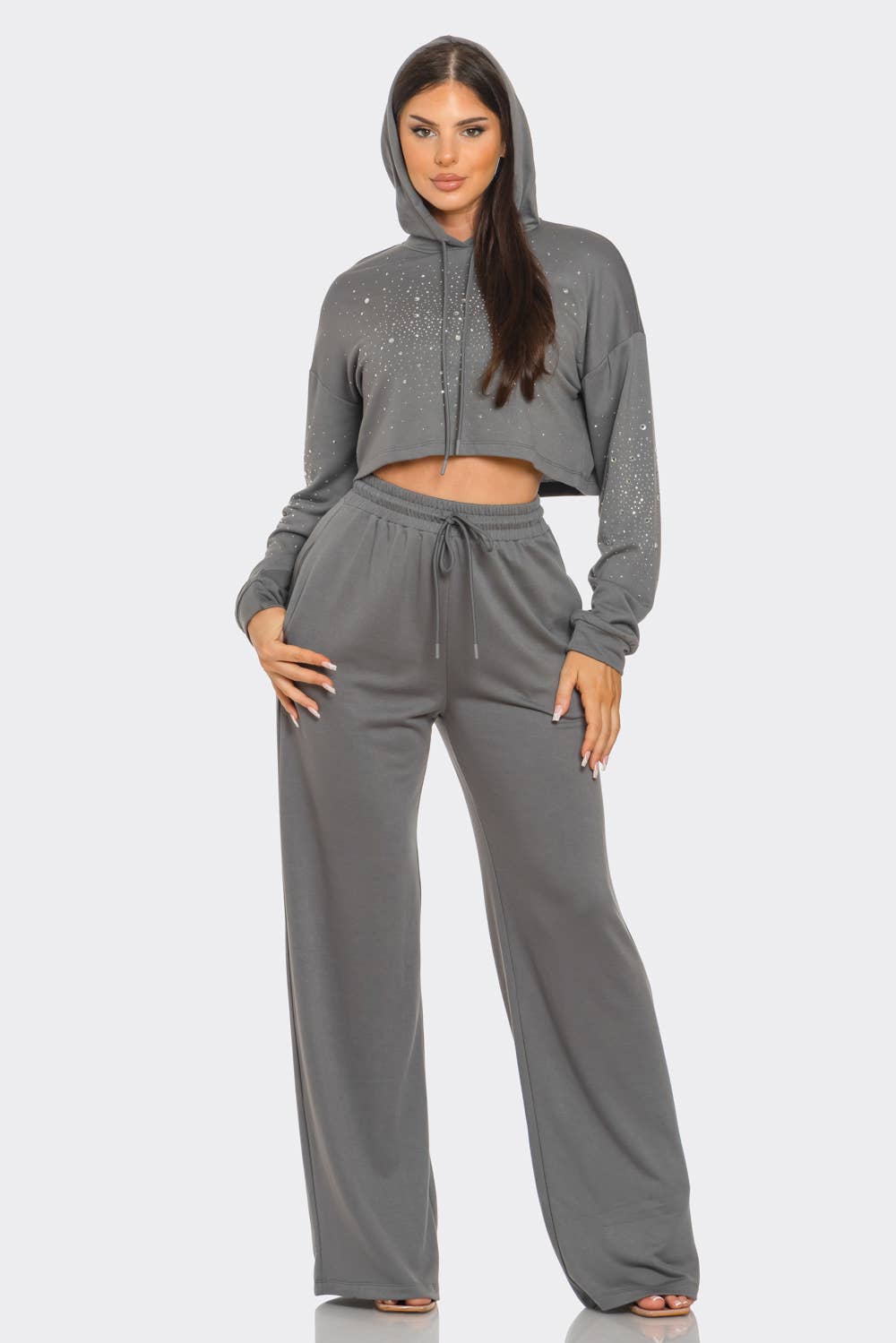 Grey Cropped Hoodie and Wide - leg Pants Loungewear Set