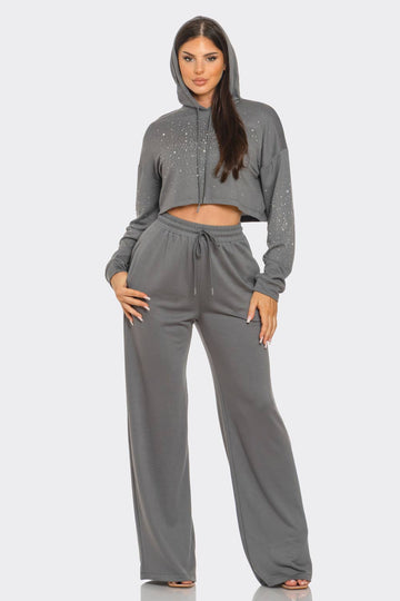 Grey Cropped Hoodie and Wide - leg Pants Loungewear Set