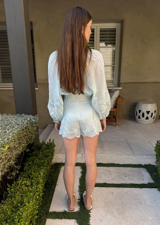 Light Blue Linen - Blend Shirt and Short Set with Lace Detailing