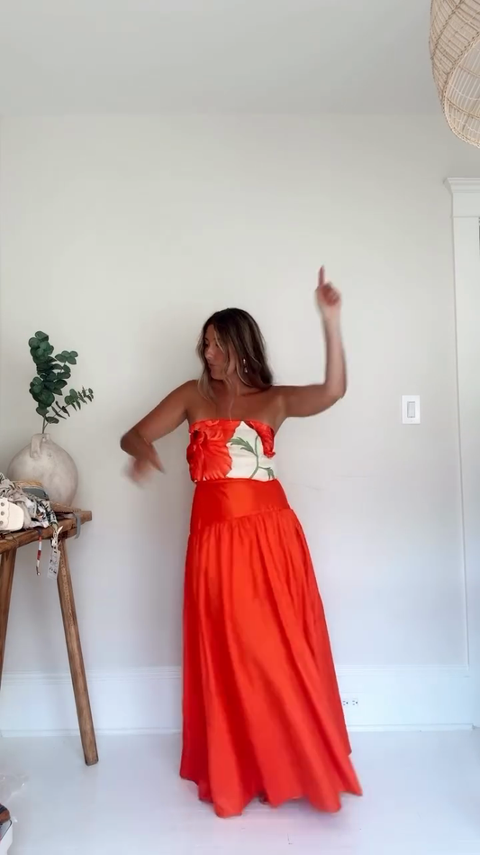 Red Floral Print Strapless Maxi Dress