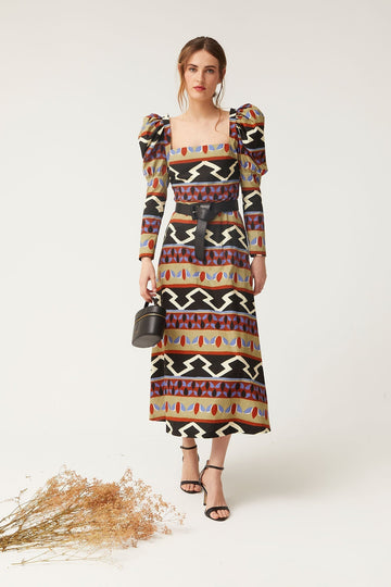 Printed Puff - Sleeve Midi Dress