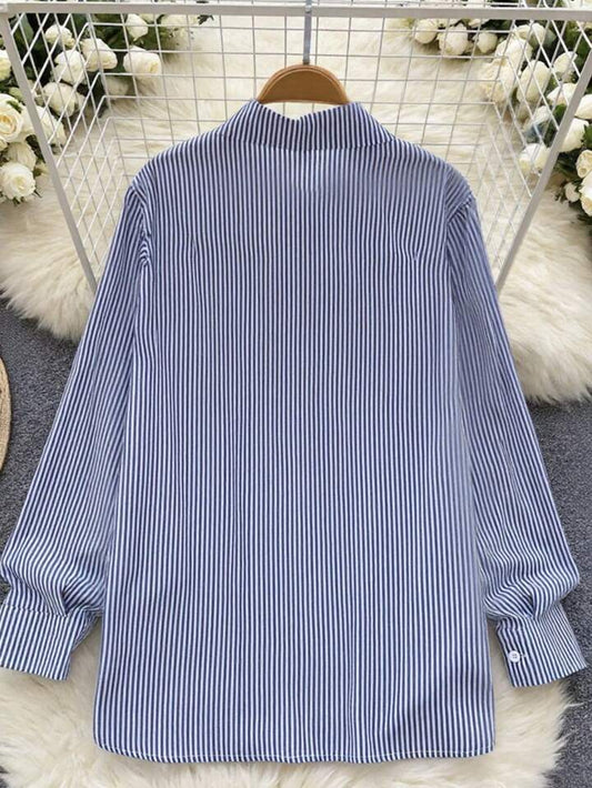 Striped Patchwork Turndown Collar Long Sleeve Shirt