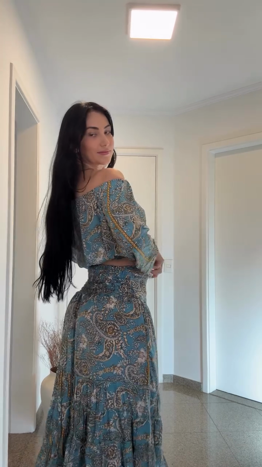 Blue Paisley Off - Shoulder Crop Top & Maxi Skirt Set