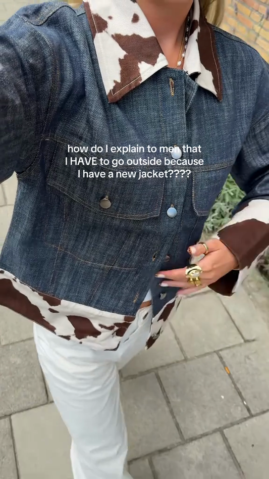 Denim Jacket with Cow - Print Collar and Trim