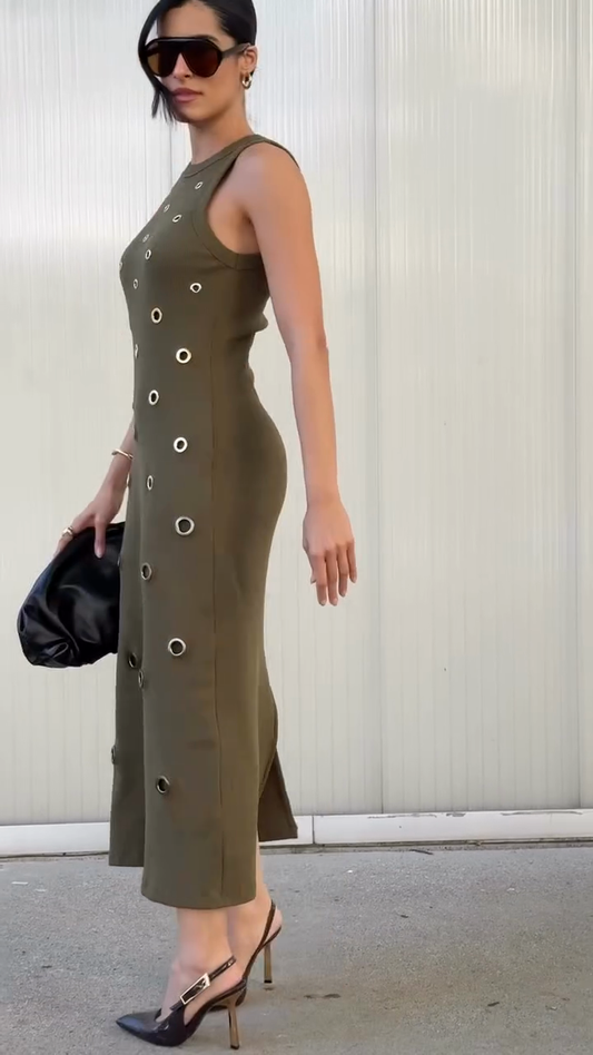 Olive Green Grommet - Detailed Maxi Dress