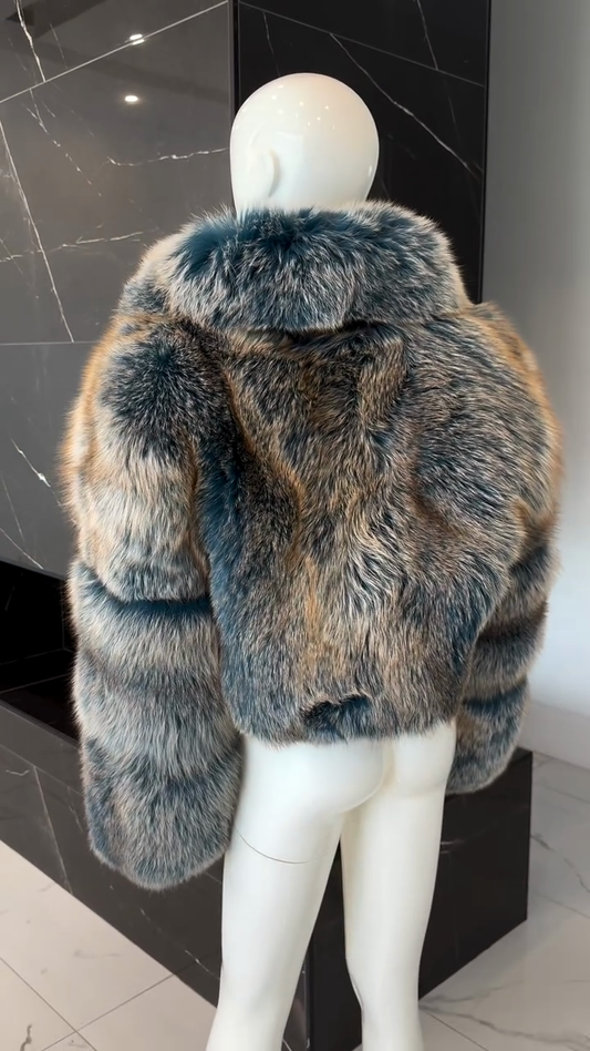 Blue - Gray Faux Fur Cropped Jacket