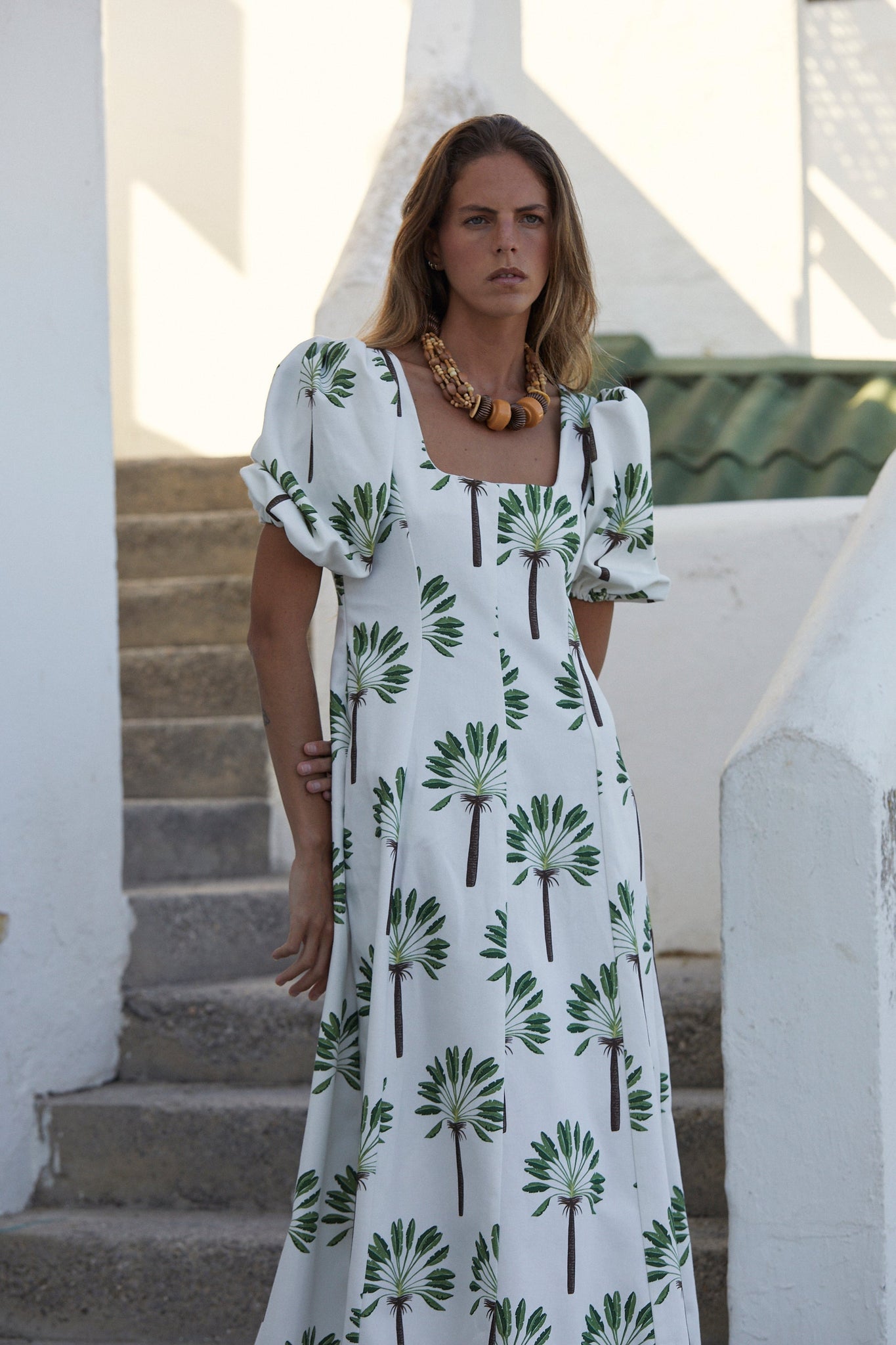 Palm Print Square - Neck Midi Dress